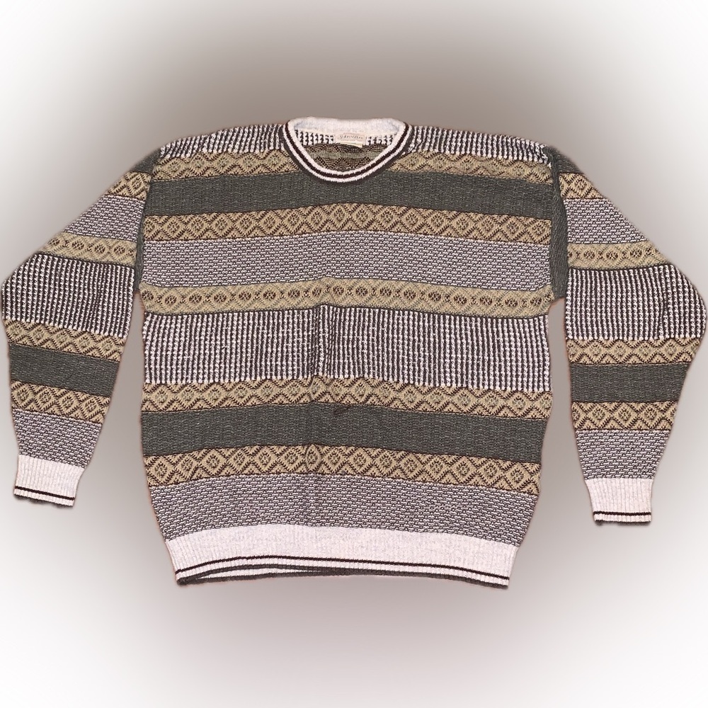 Vintage 90s Grandpa Knit Patterned Fisherman Baggy Sweater Pullover Shirt XXL